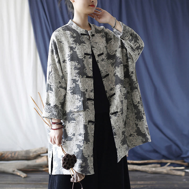 Buddha Stones Camisa de chaqueta de lino de algodón de manga larga con estampado de botones de rana en negro, gris y beige con bolsillos