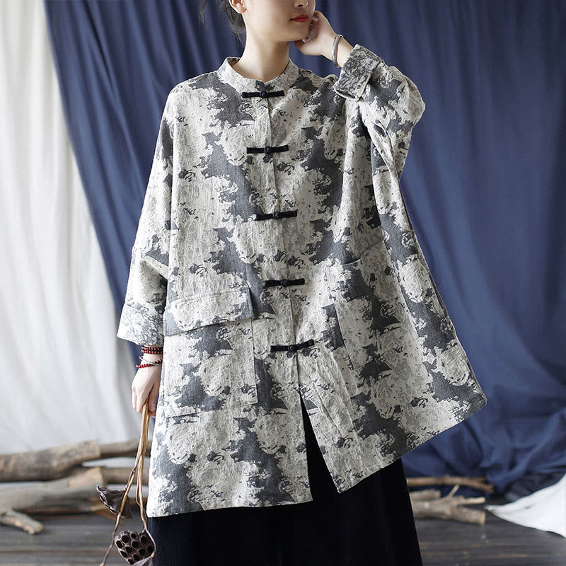 Buddha Stones Camisa de chaqueta de lino de algodón de manga larga con estampado de botones de rana en negro, gris y beige con bolsillos