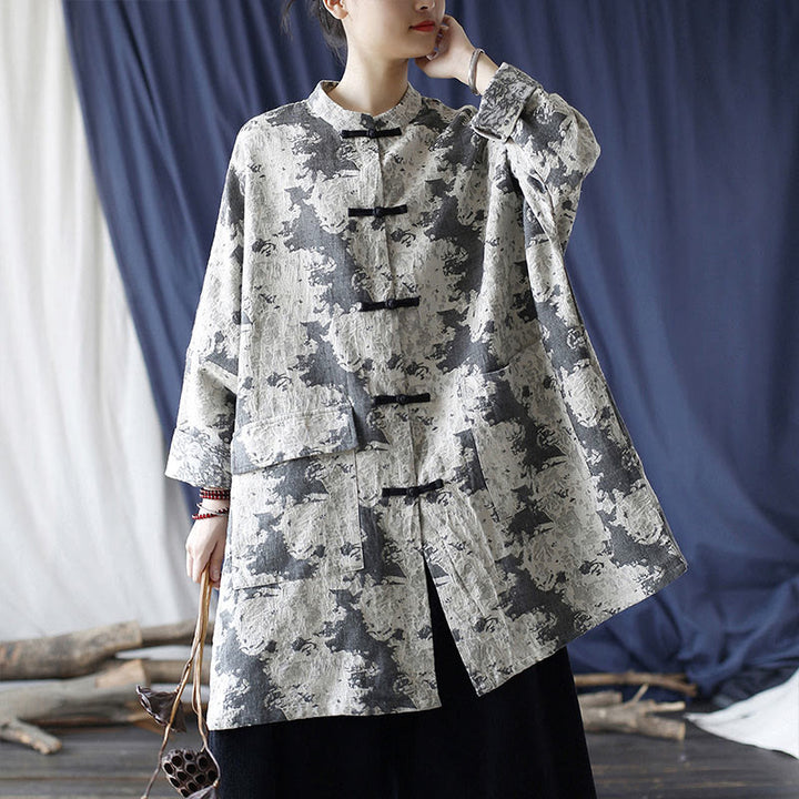 Buddha Stones Camisa de chaqueta de lino de algodón de manga larga con estampado de botones de rana en negro, gris y beige con bolsillos