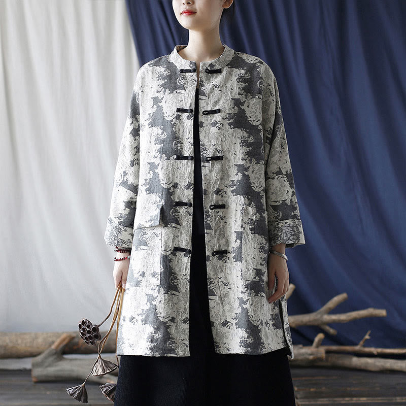 Buddha Stones Camisa de chaqueta de lino de algodón de manga larga con estampado de botones de rana en negro, gris y beige con bolsillos