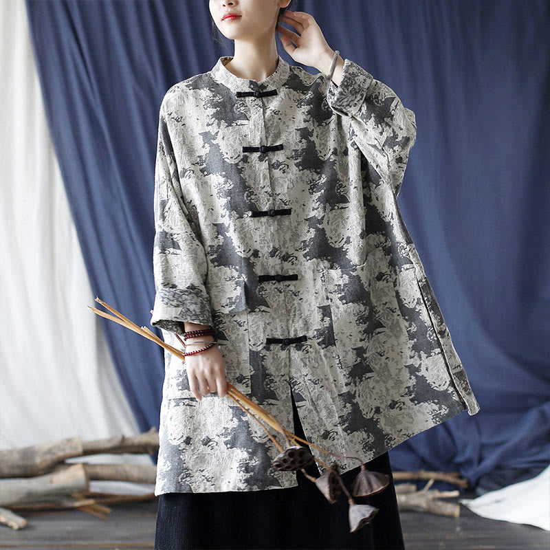 Buddha Stones Camisa de chaqueta de lino de algodón de manga larga con estampado de botones de rana en negro, gris y beige con bolsillos