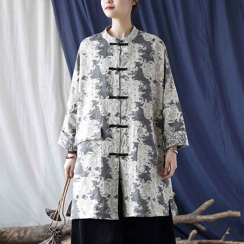 Buddha Stones Camisa de chaqueta de lino de algodón de manga larga con estampado de botones de rana en negro, gris y beige con bolsillos