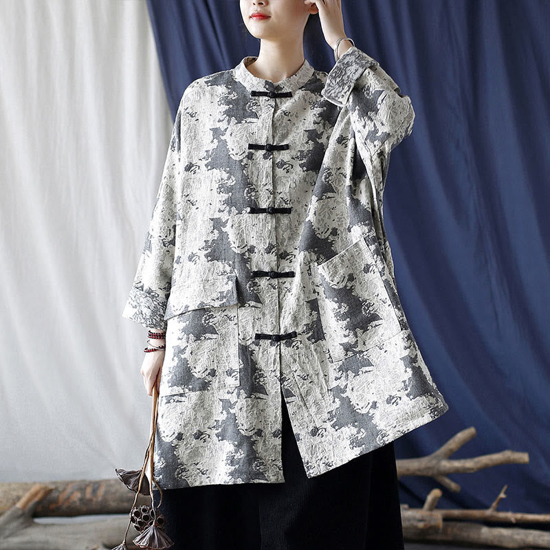 Buddha Stones Camisa de chaqueta de lino de algodón de manga larga con estampado de botones de rana en negro, gris y beige con bolsillos