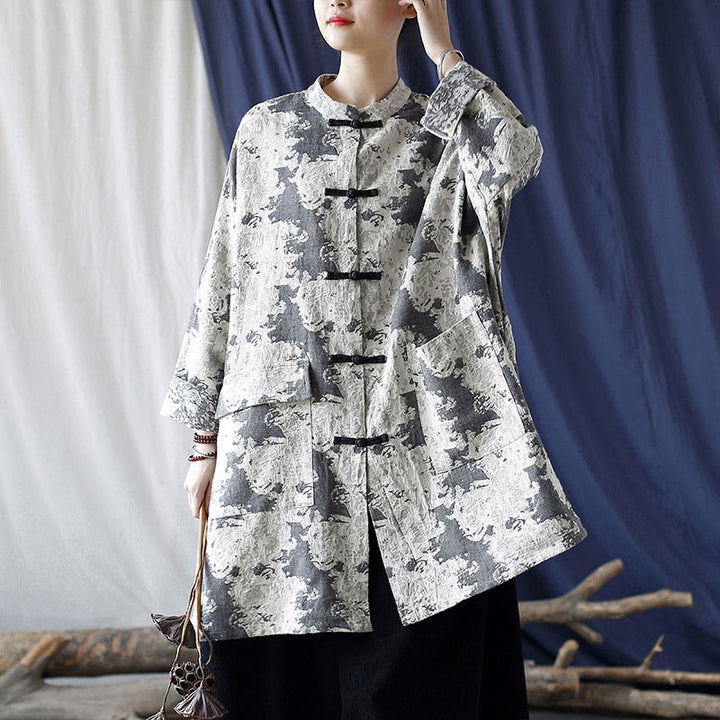 Buddha Stones Camisa de chaqueta de lino de algodón de manga larga con estampado de botones de rana en negro, gris y beige con bolsillos