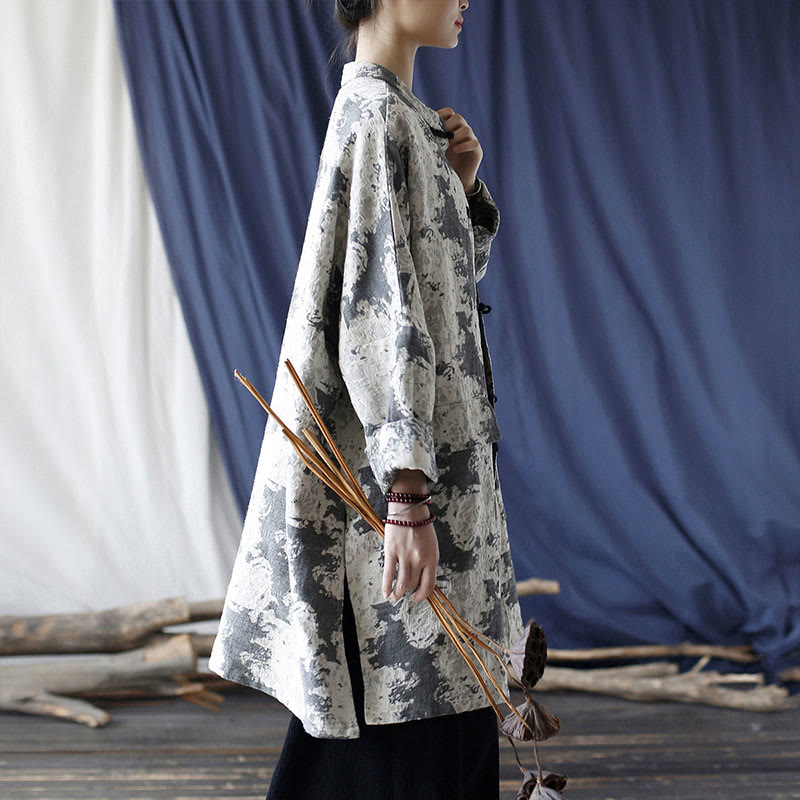 Buddha Stones Camisa de chaqueta de lino de algodón de manga larga con estampado de botones de rana en negro, gris y beige con bolsillos