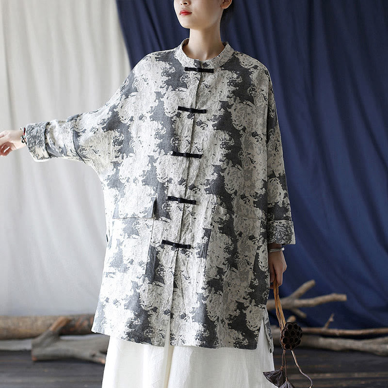 Buddha Stones Camisa de chaqueta de lino de algodón de manga larga con estampado de botones de rana en negro, gris y beige con bolsillos
