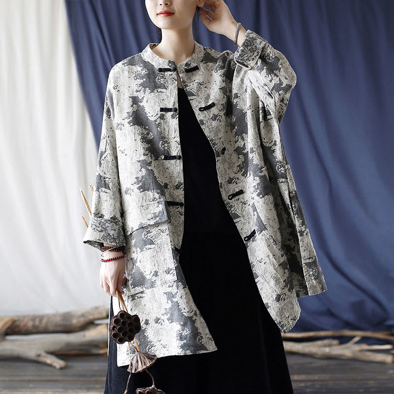 Buddha Stones Camisa de chaqueta de lino de algodón de manga larga con estampado de botones de rana en negro, gris y beige con bolsillos