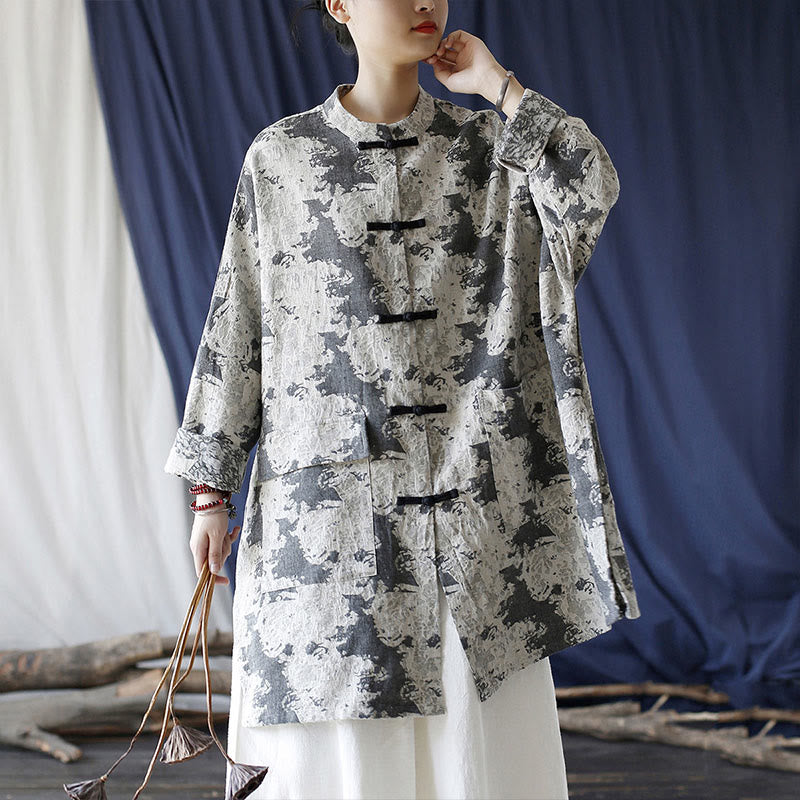 Buddha Stones Camisa de chaqueta de lino de algodón de manga larga con estampado de botones de rana en negro, gris y beige con bolsillos