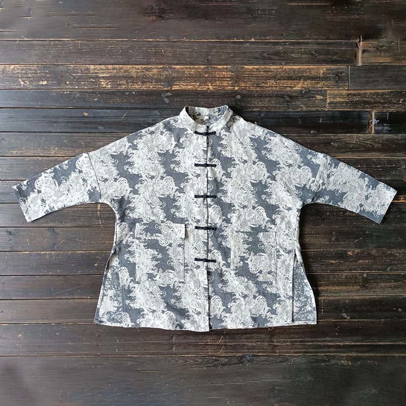 Buddha Stones Camisa de chaqueta de lino de algodón de manga larga con estampado de botones de rana en negro, gris y beige con bolsillos