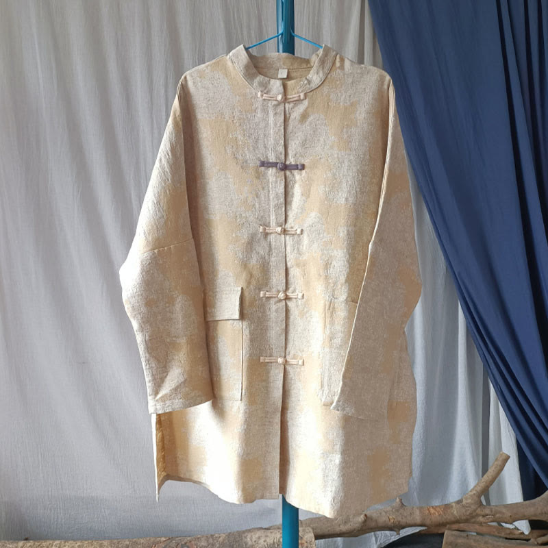 Buddha Stones Camisa de chaqueta de lino de algodón de manga larga con estampado de botones de rana en negro, gris y beige con bolsillos
