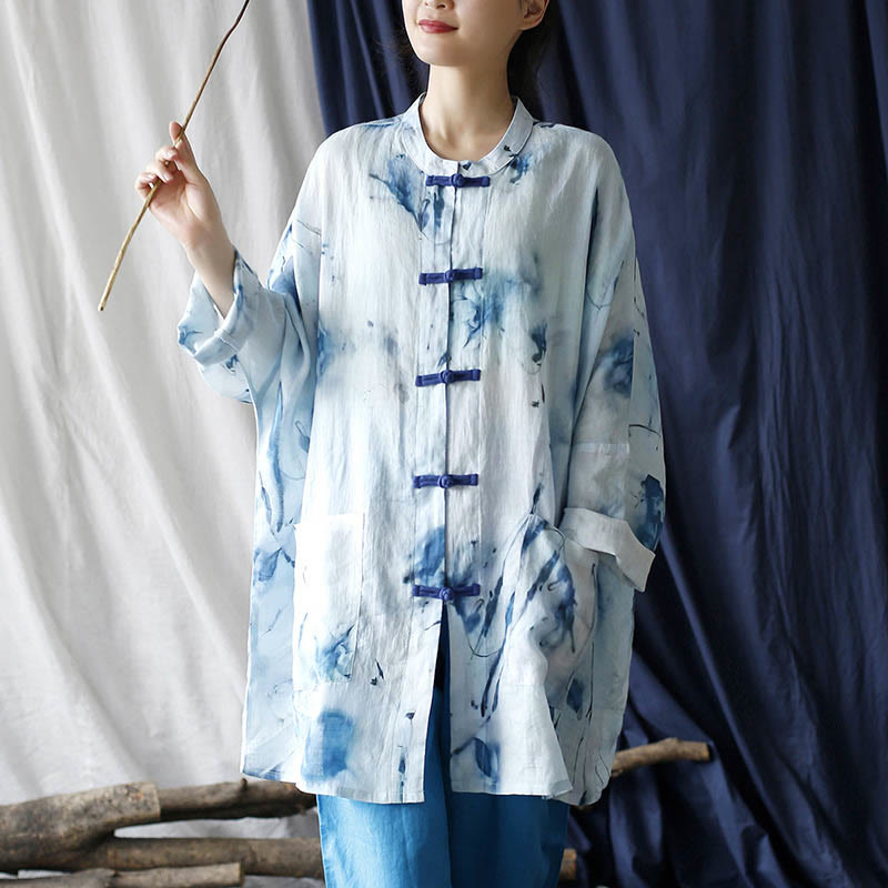 Camisa de chaqueta de lino de ramio de manga larga con diseño de botones de rana con estampado de tinta blanca y azul de Buddha Stones con bolsillos