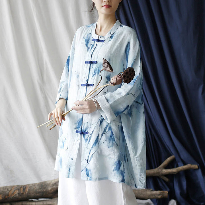 Camisa de chaqueta de lino de ramio de manga larga con diseño de botones de rana con estampado de tinta blanca y azul de Buddha Stones con bolsillos