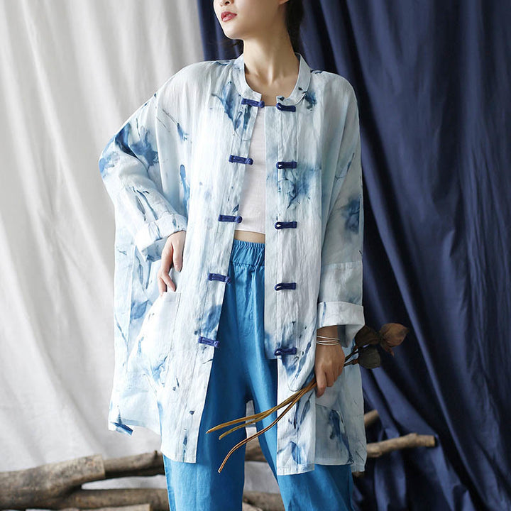 Camisa de chaqueta de lino de ramio de manga larga con diseño de botones de rana con estampado de tinta blanca y azul de Buddha Stones con bolsillos