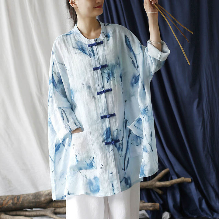 Camisa de chaqueta de lino de ramio de manga larga con diseño de botones de rana con estampado de tinta blanca y azul de Buddha Stones con bolsillos