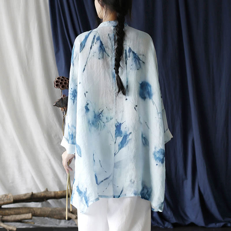 Camisa de chaqueta de lino de ramio de manga larga con diseño de botones de rana con estampado de tinta blanca y azul de Buddha Stones con bolsillos