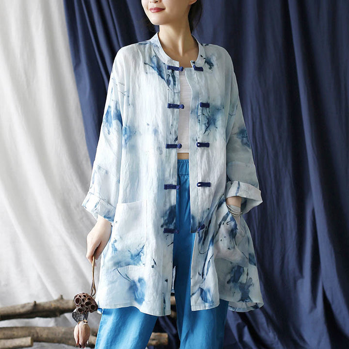 Camisa de chaqueta de lino de ramio de manga larga con diseño de botones de rana con estampado de tinta blanca y azul de Buddha Stones con bolsillos