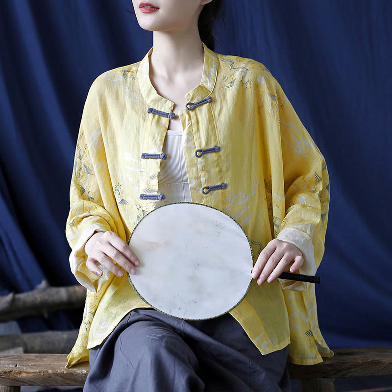 Camisa tipo chaqueta de lino de ramio de manga larga con diseño de botones de rana y estampado de fénix amarillo con Buddha Stones - image 7