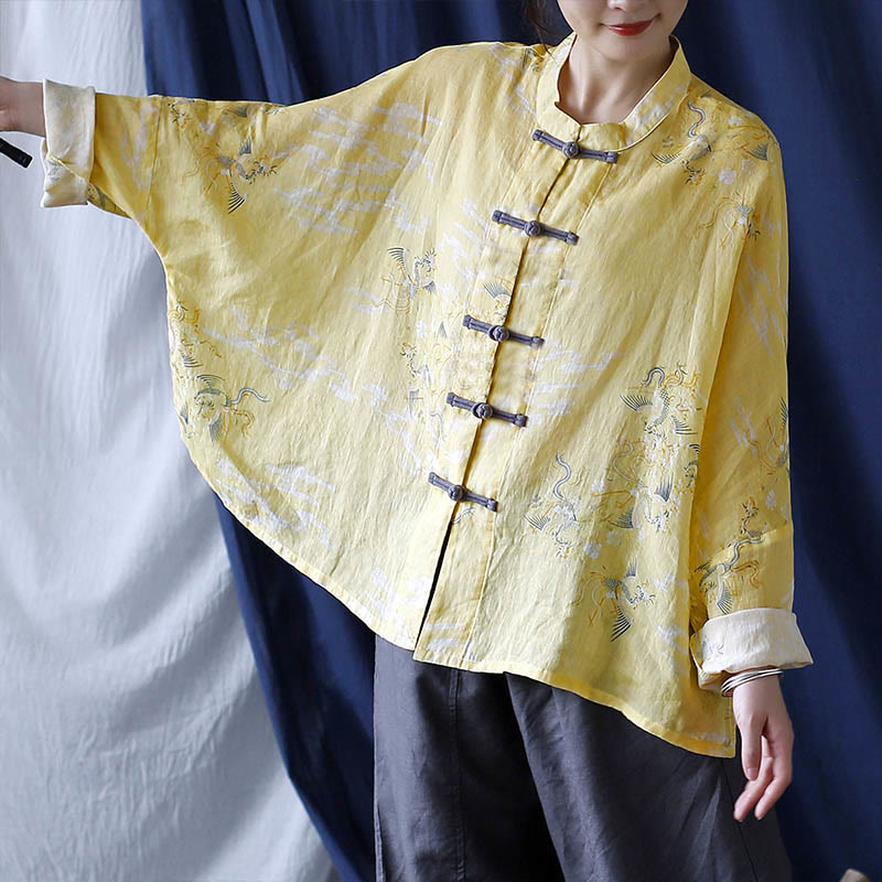 Camisa tipo chaqueta de lino de ramio de manga larga con diseño de botones de rana y estampado de fénix amarillo con Buddha Stones - image 11