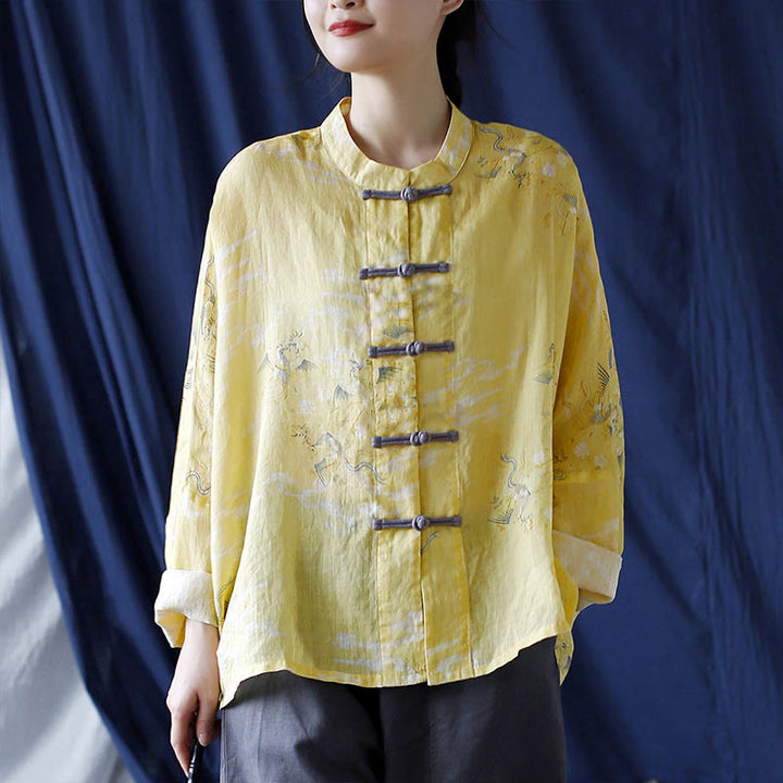 Camisa tipo chaqueta de lino de ramio de manga larga con diseño de botones de rana y estampado de fénix amarillo con Buddha Stones - image 16