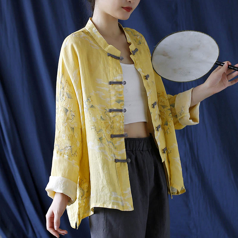 Camisa tipo chaqueta de lino de ramio de manga larga con diseño de botones de rana y estampado de fénix amarillo con Buddha Stones - image 2