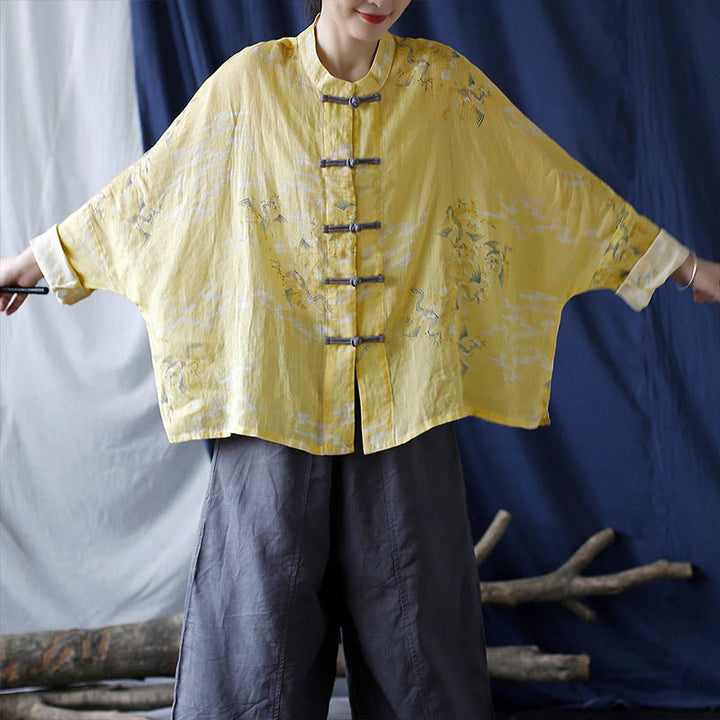 Camisa tipo chaqueta de lino de ramio de manga larga con diseño de botones de rana y estampado de fénix amarillo con Buddha Stones - image 14