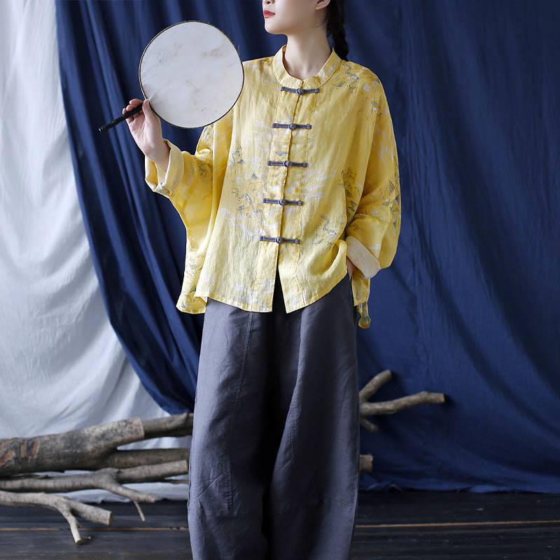 Camisa tipo chaqueta de lino de ramio de manga larga con diseño de botones de rana y estampado de fénix amarillo con Buddha Stones - image 20