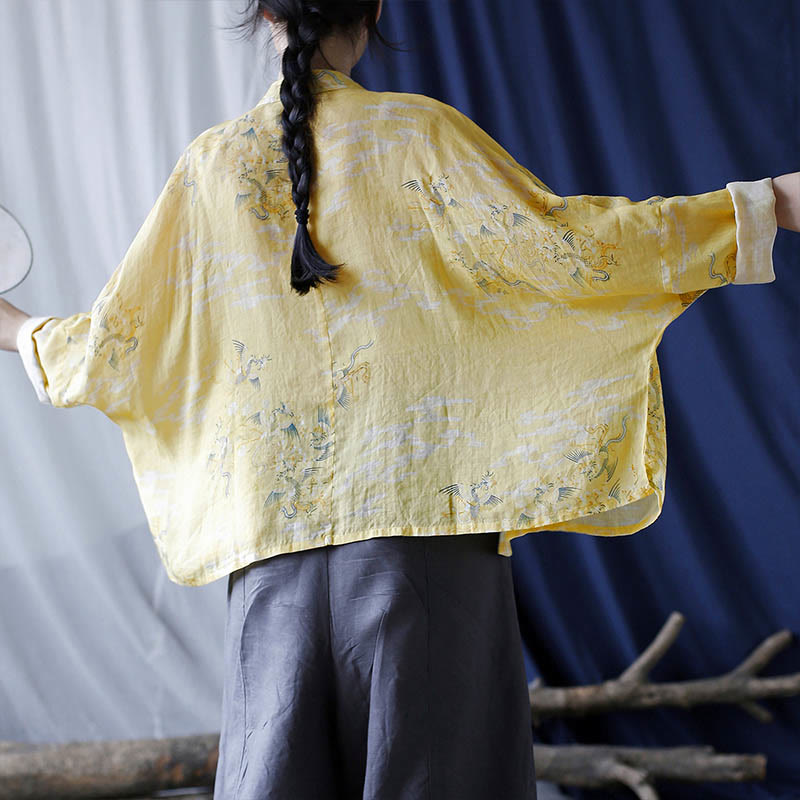 Camisa tipo chaqueta de lino de ramio de manga larga con diseño de botones de rana y estampado de fénix amarillo con Buddha Stones - image 4