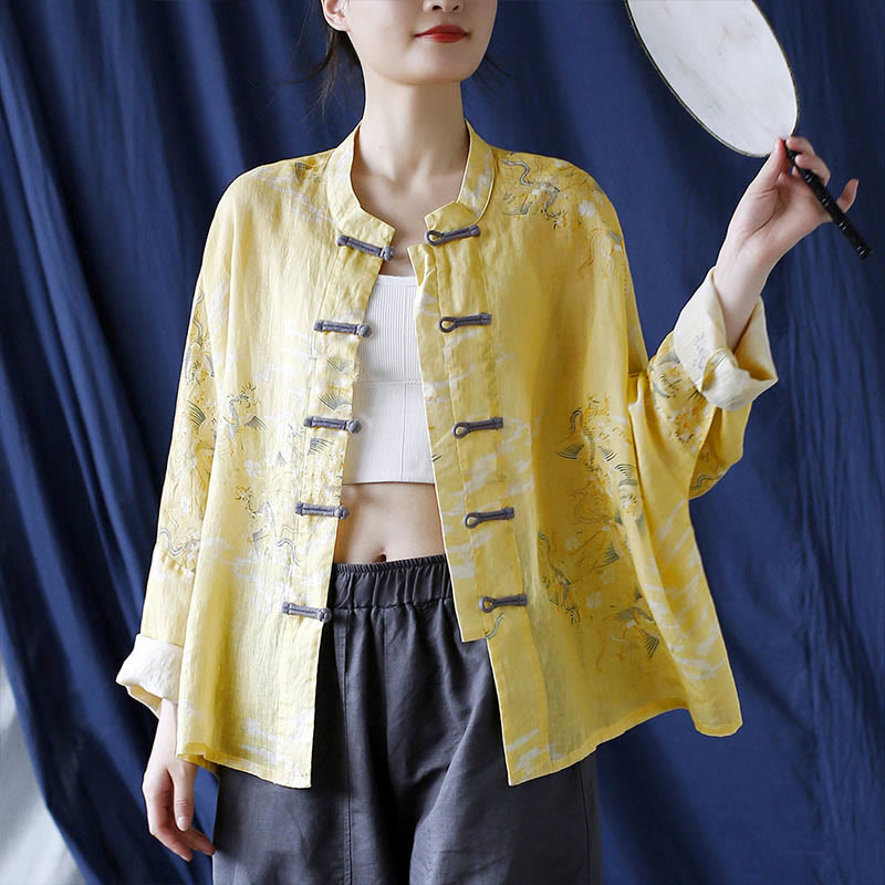 Camisa tipo chaqueta de lino de ramio de manga larga con diseño de botones de rana y estampado de fénix amarillo con Buddha Stones - image 23