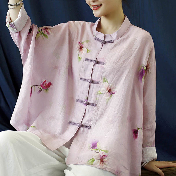 Camisa tipo chaqueta de lino de ramio de manga larga con diseño de botones de rana y estampado de flores rosas con Buddha Stones