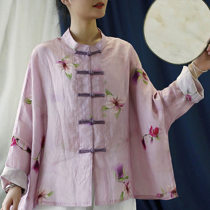 Camisa tipo chaqueta de lino de ramio de manga larga con diseño de botones de rana y estampado de flores rosas con Buddha Stones
