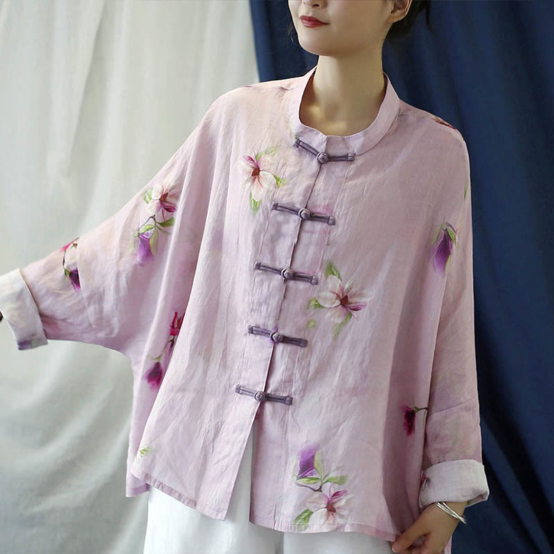 Camisa tipo chaqueta de lino de ramio de manga larga con diseño de botones de rana y estampado de flores rosas con Buddha Stones