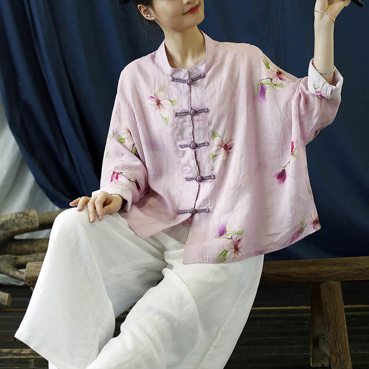 Camisa tipo chaqueta de lino de ramio de manga larga con diseño de botones de rana y estampado de flores rosas con Buddha Stones