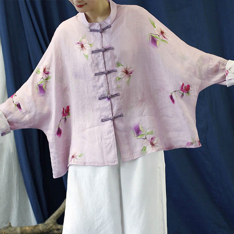 Camisa tipo chaqueta de lino de ramio de manga larga con diseño de botones de rana y estampado de flores rosas con Buddha Stones