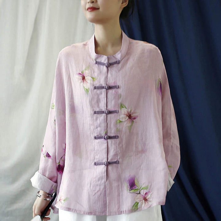 Camisa tipo chaqueta de lino de ramio de manga larga con diseño de botones de rana y estampado de flores rosas con Buddha Stones