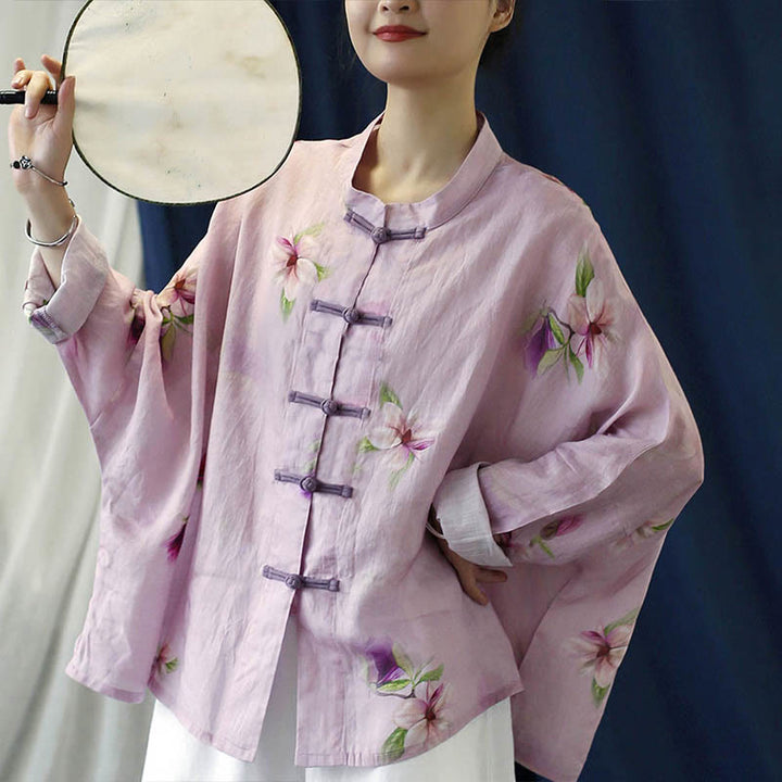 Camisa tipo chaqueta de lino de ramio de manga larga con diseño de botones de rana y estampado de flores rosas con Buddha Stones