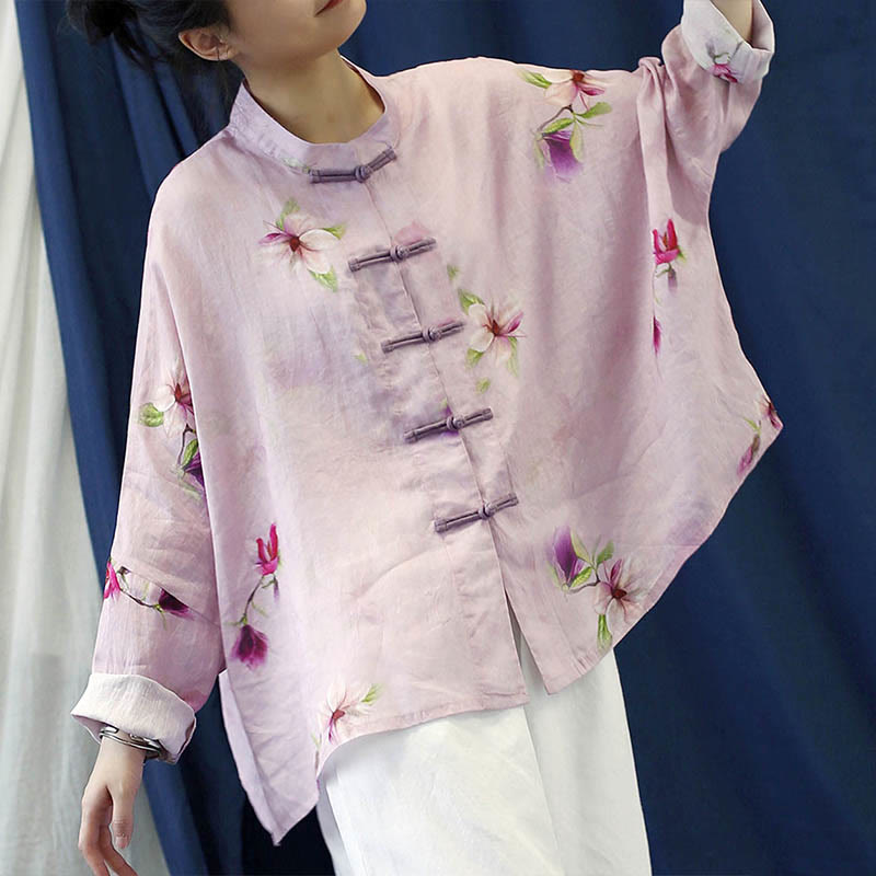 Camisa tipo chaqueta de lino de ramio de manga larga con diseño de botones de rana y estampado de flores rosas con Buddha Stones