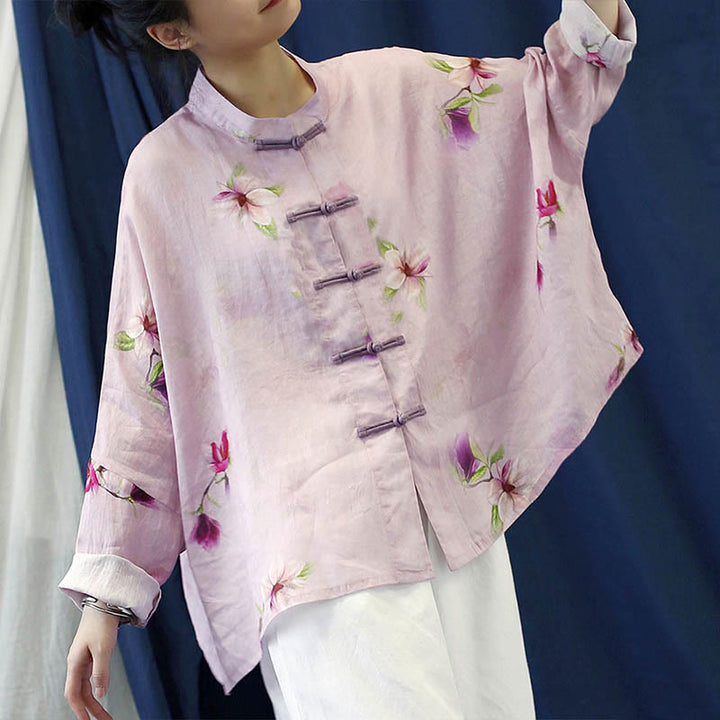 Camisa tipo chaqueta de lino de ramio de manga larga con diseño de botones de rana y estampado de flores rosas con Buddha Stones