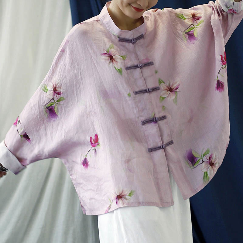 Camisa tipo chaqueta de lino de ramio de manga larga con diseño de botones de rana y estampado de flores rosas con Buddha Stones