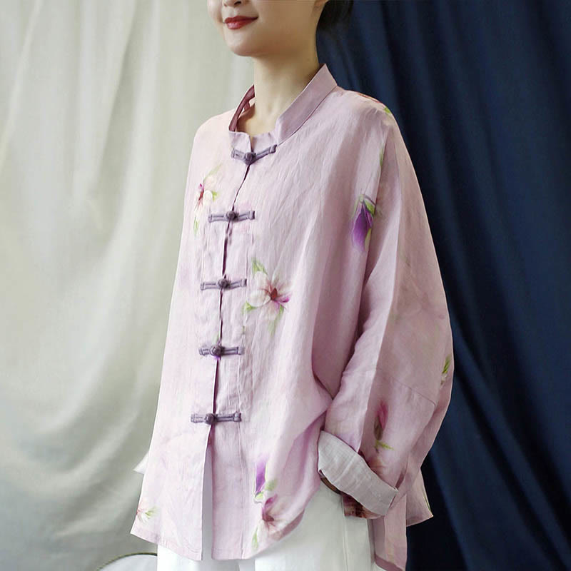 Camisa tipo chaqueta de lino de ramio de manga larga con diseño de botones de rana y estampado de flores rosas con Buddha Stones