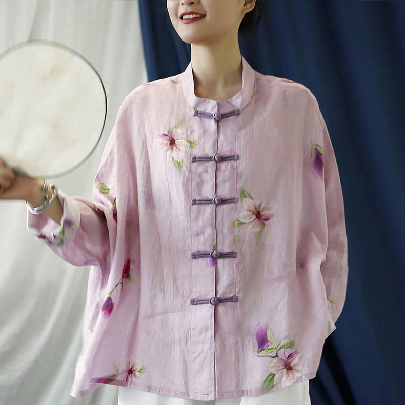 Camisa tipo chaqueta de lino de ramio de manga larga con diseño de botones de rana y estampado de flores rosas con Buddha Stones
