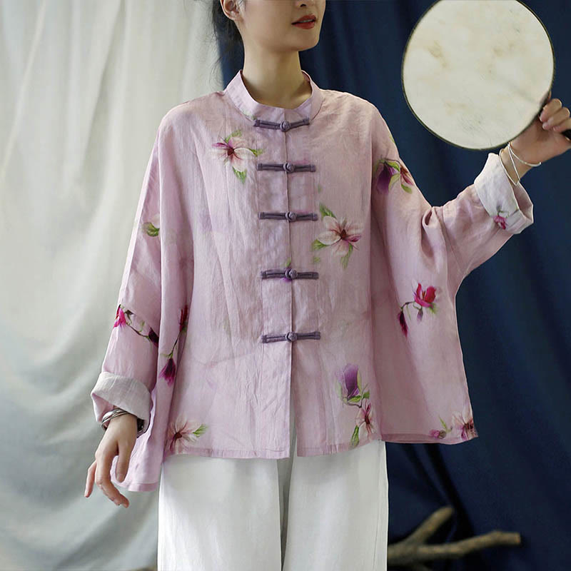 Camisa tipo chaqueta de lino de ramio de manga larga con diseño de botones de rana y estampado de flores rosas con Buddha Stones