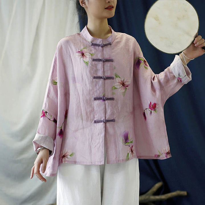 Camisa tipo chaqueta de lino de ramio de manga larga con diseño de botones de rana y estampado de flores rosas con Buddha Stones