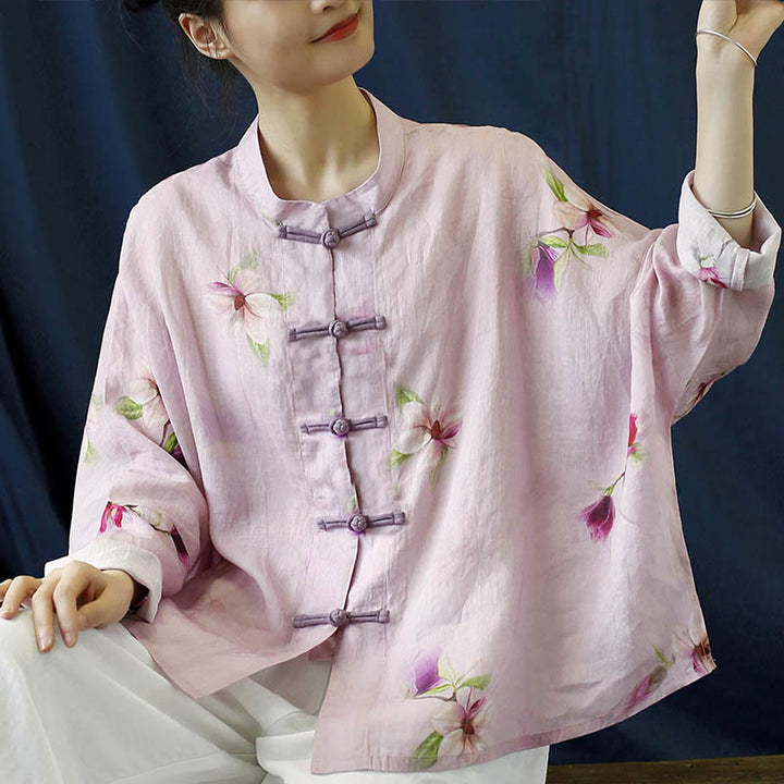 Camisa tipo chaqueta de lino de ramio de manga larga con diseño de botones de rana y estampado de flores rosas con Buddha Stones