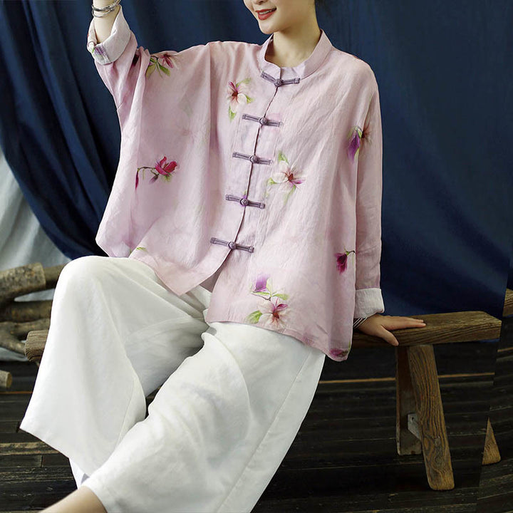 Camisa tipo chaqueta de lino de ramio de manga larga con diseño de botones de rana y estampado de flores rosas con Buddha Stones