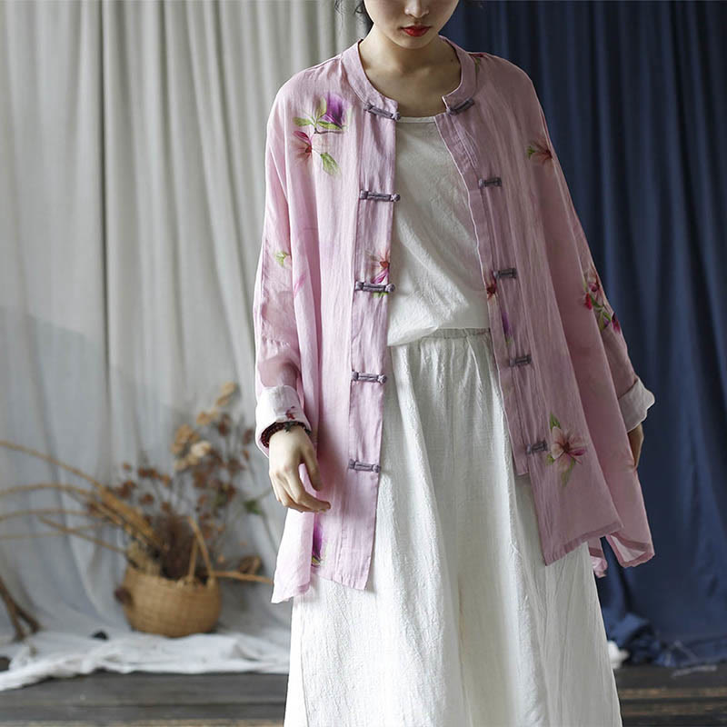 Camisa tipo chaqueta de lino de ramio de manga larga con diseño de botones de rana y estampado de flores rosas con Buddha Stones