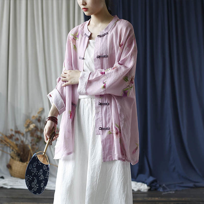 Camisa tipo chaqueta de lino de ramio de manga larga con diseño de botones de rana y estampado de flores rosas con Buddha Stones