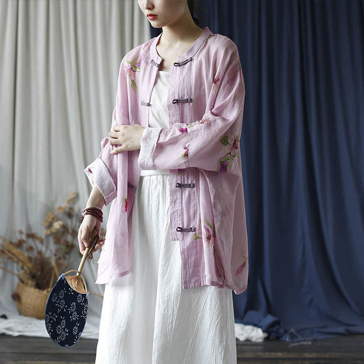 Camisa tipo chaqueta de lino de ramio de manga larga con diseño de botones de rana y estampado de flores rosas con Buddha Stones