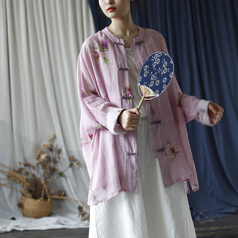 Camisa tipo chaqueta de lino de ramio de manga larga con diseño de botones de rana y estampado de flores rosas con Buddha Stones