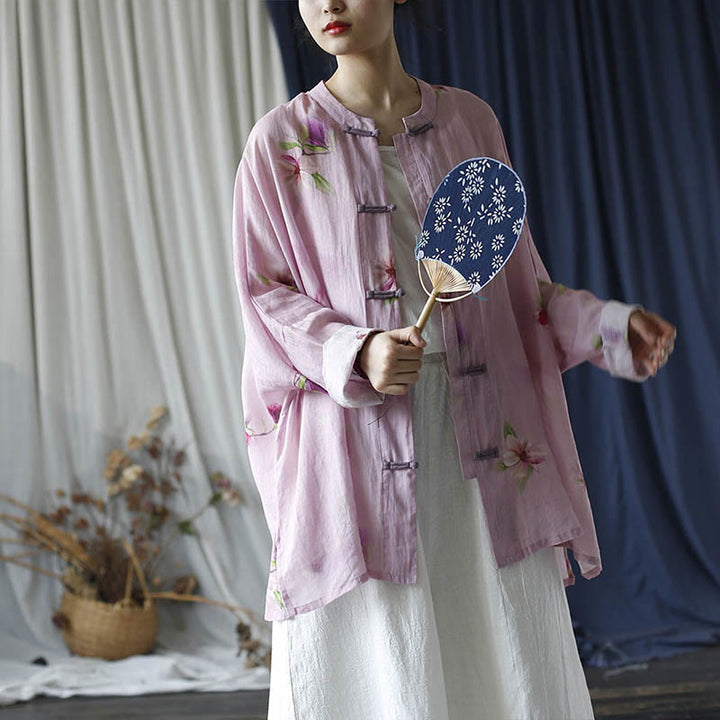 Camisa tipo chaqueta de lino de ramio de manga larga con diseño de botones de rana y estampado de flores rosas con Buddha Stones