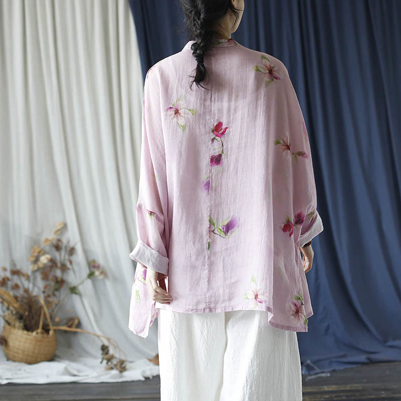 Camisa tipo chaqueta de lino de ramio de manga larga con diseño de botones de rana y estampado de flores rosas con Buddha Stones
